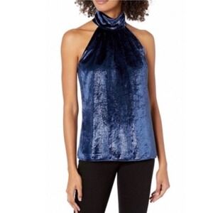 Ramy Brook Navy Blue Shimmer Crushed Velvet Halter Neck Blouse XS RN141698